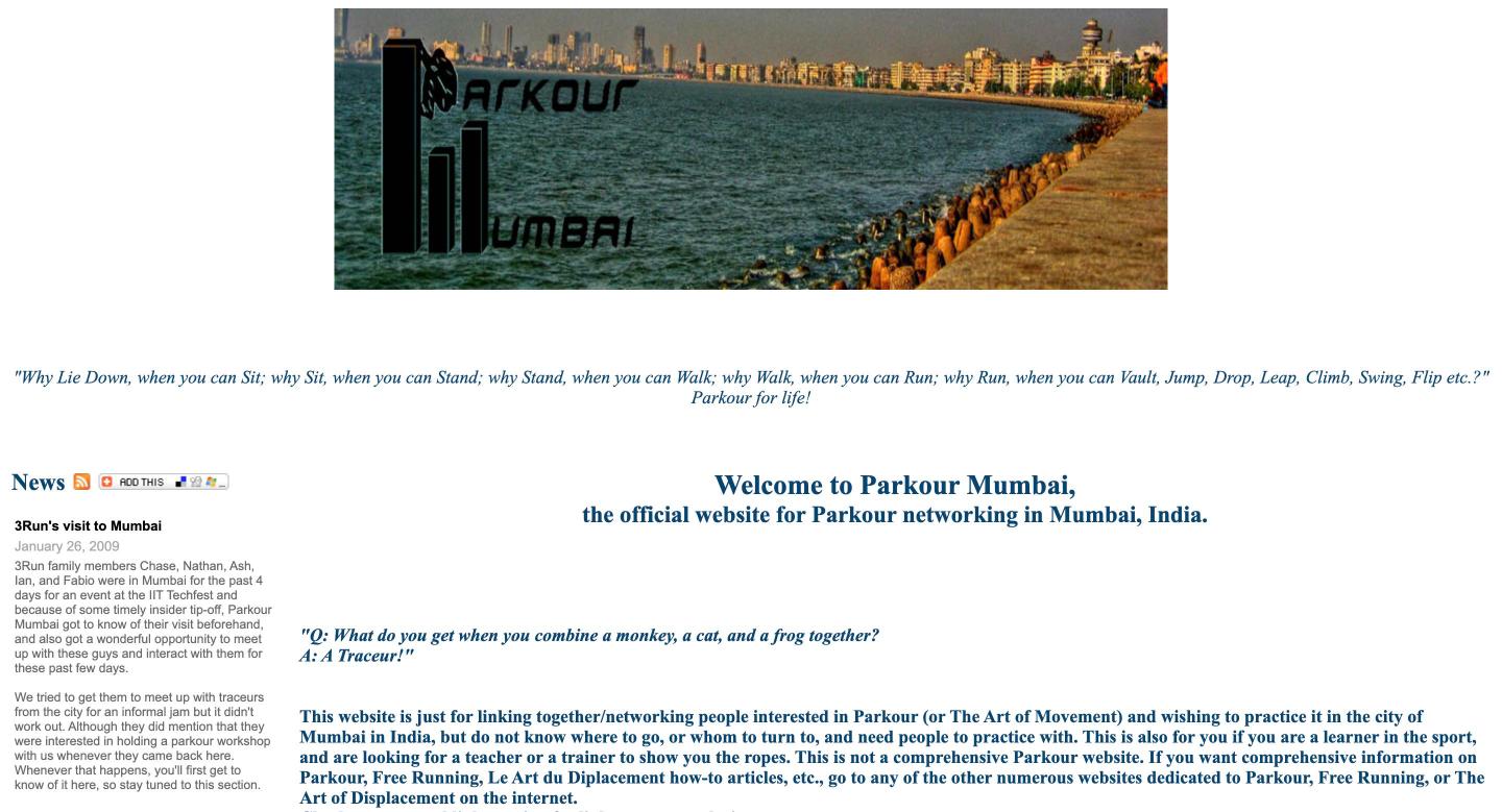 The Parkour Mumbai homepage in February 2009: the logo over a photo of Marine Drive, a motto, and a news column.
