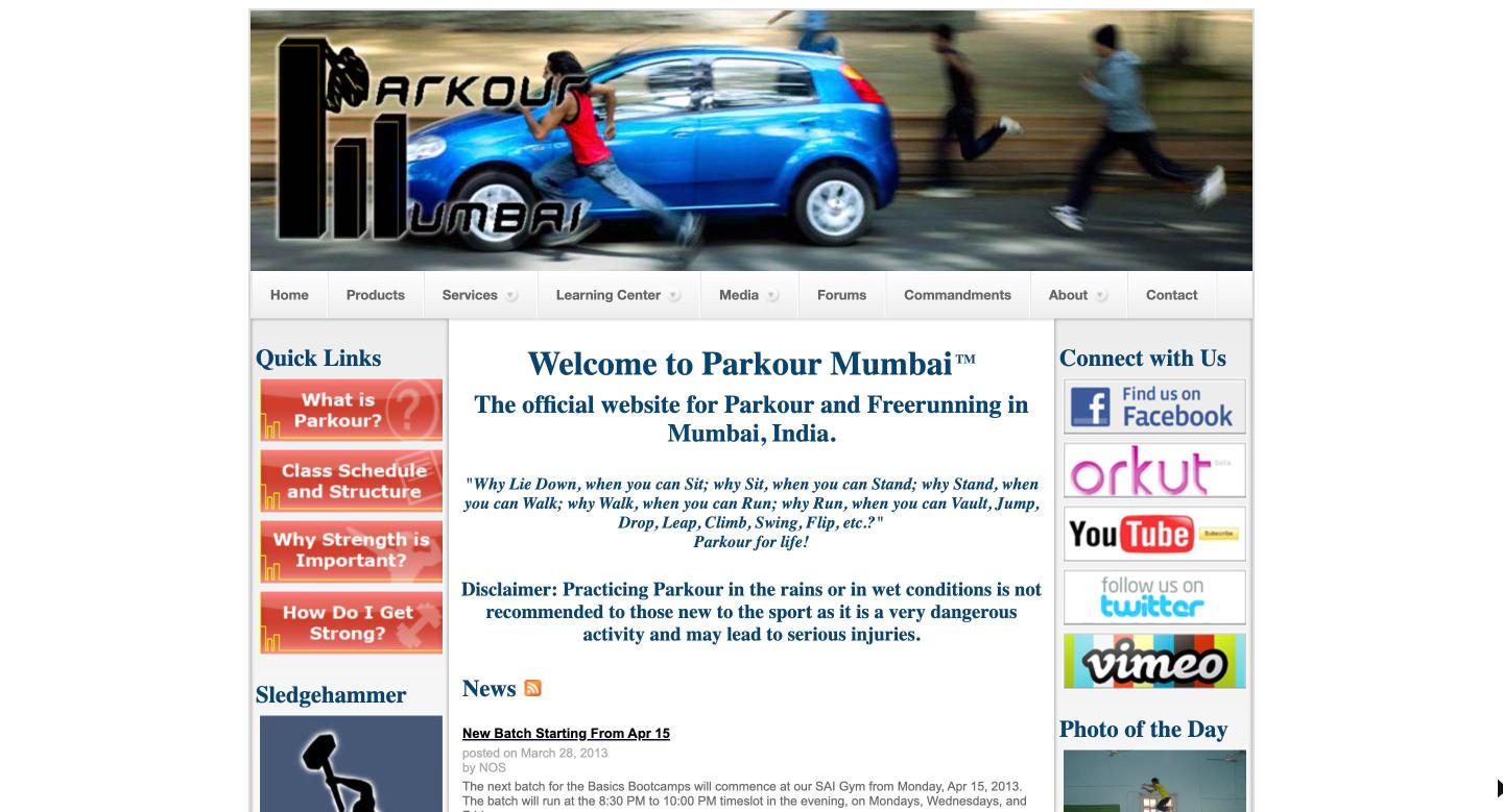 The Parkour Mumbai homepage in June 2013: a rotating photo banner, a menu bar, quick links and social media buttons.